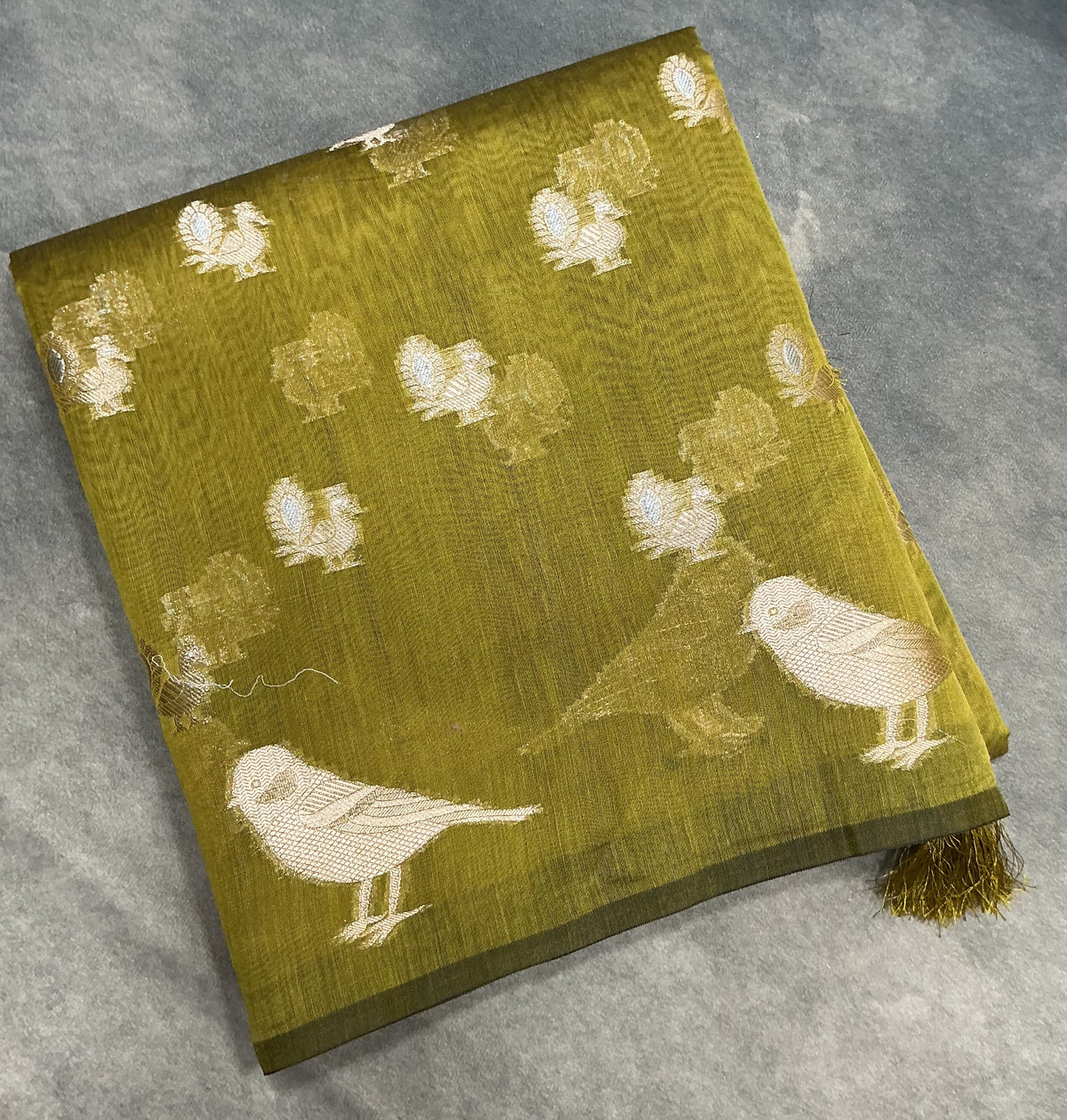 Silk Cotton Saree Olive Green Colour with Peacock and Sparrow Butta