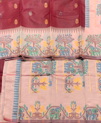 Maroon Colour Satin Saree with Light Pink Colour Ikat Border