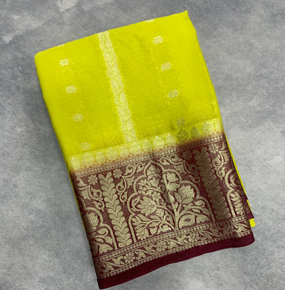 Lime Green Colour Mysore Crepe Silk Saree with Maroon Colour Border