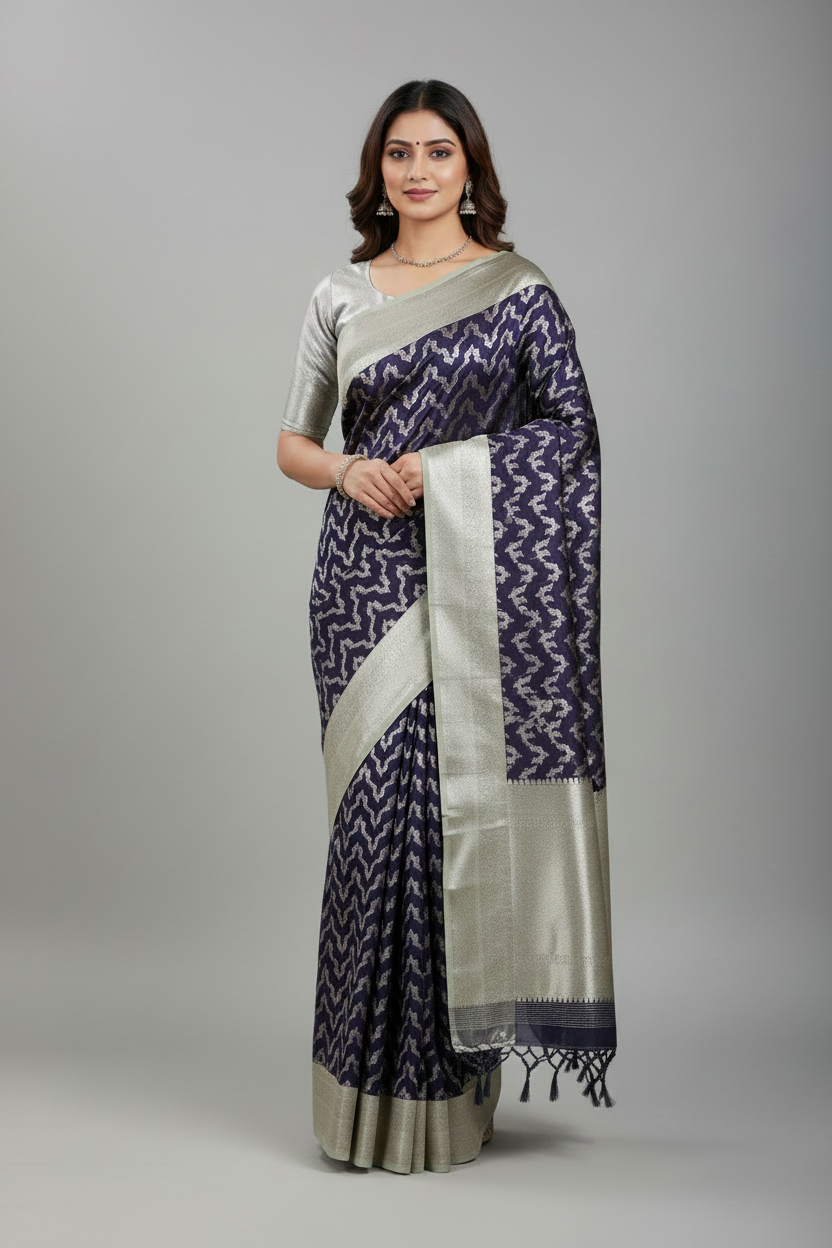 Dark Magenta Color vegan Silk saree with Sliver Color border