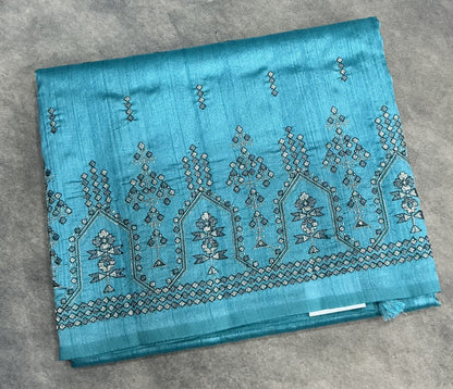 Sky Blue Tussar Saree with Geometric Border