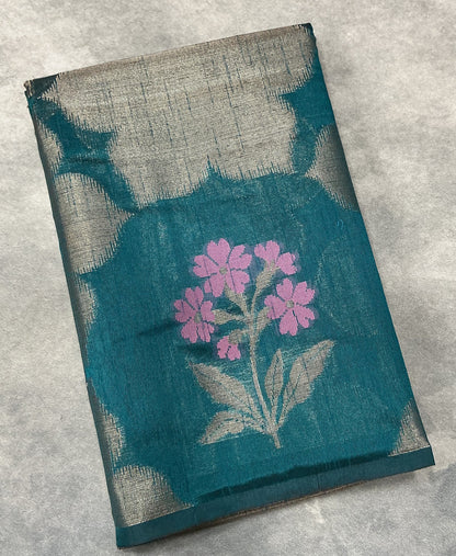 Rama Blue Colour Chanderi Silk Saree, Borderless