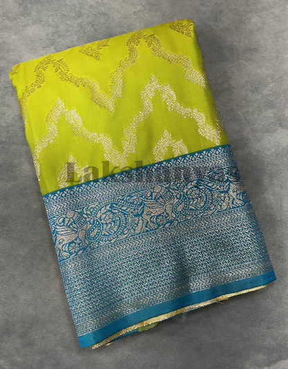 Apple Green Color Vegan Silk saree with Sky Blue Color border