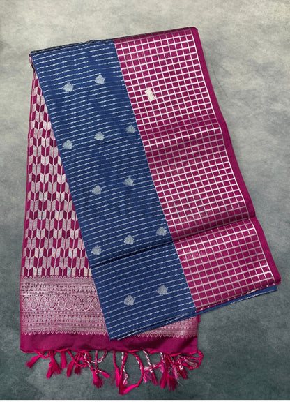 Blue Colour Soft Silk Saree with Rich Magenta Checked Border