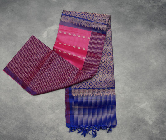 Kanjivaram Pink Silk Saree with Blue Checked Border