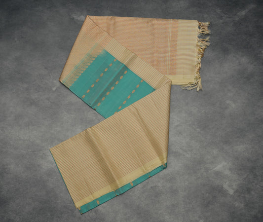 Kanjivaram Teal Blue Silk Saree with Cream Checked Border