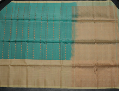 Kanjivaram Teal Blue Silk Saree with Cream Checked Border