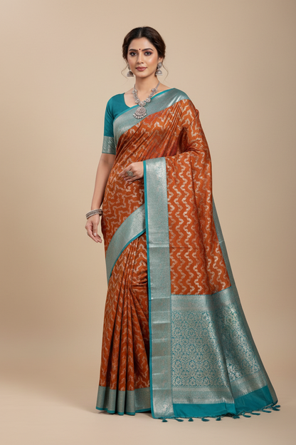 Orange Vegan Silk saree with Sapphire Color border