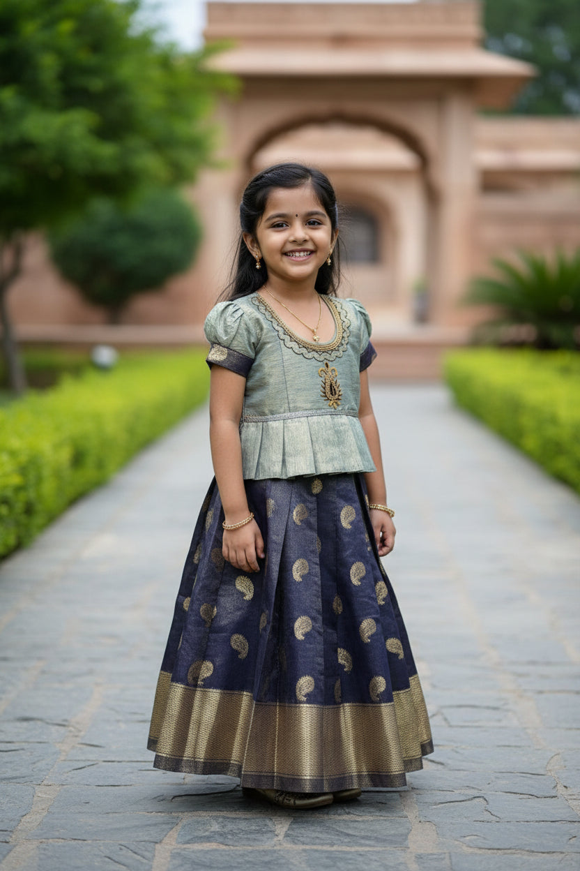 Ready To Wear Pavadai Blue Colour with Contrast Sliver Colour Blouse