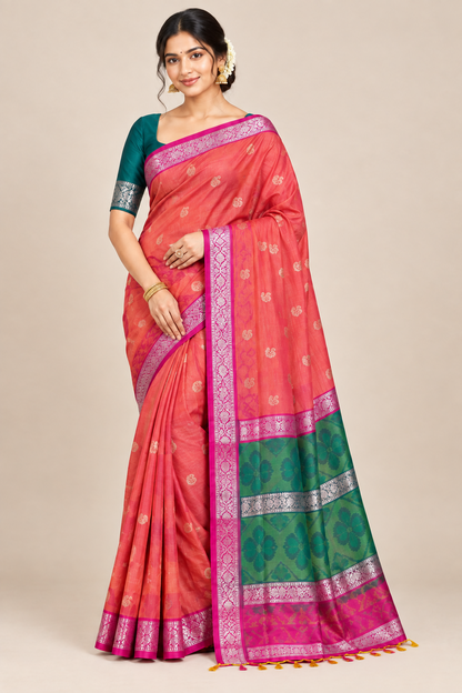 Peach Pink Colour Soft Silk Saree with Pink Colour Ikat Border