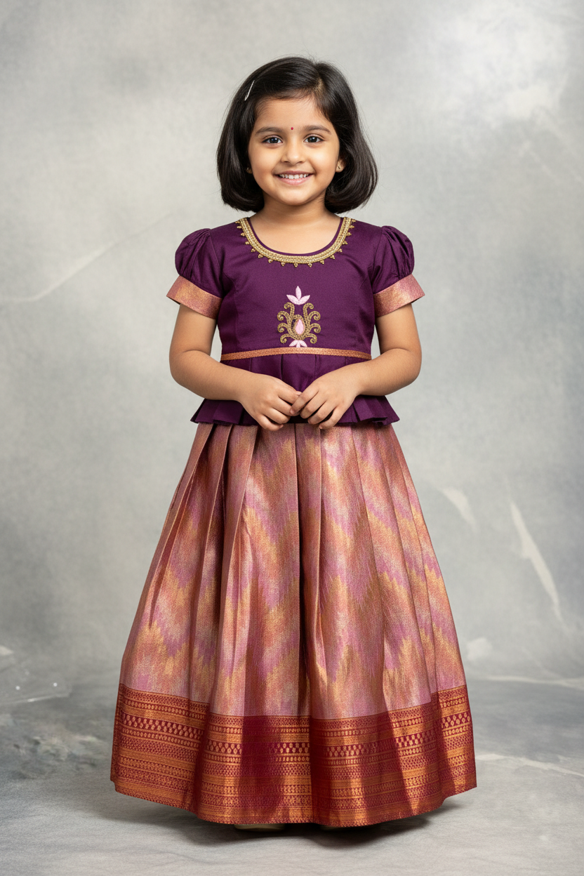 Ready To Wear Pavadai Light Pink Colour with Dark Magenta Colour Blouse