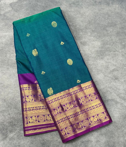 Peacock Green Color Vegan Silk saree with Pink Colour with Annam and Chakaram Design border