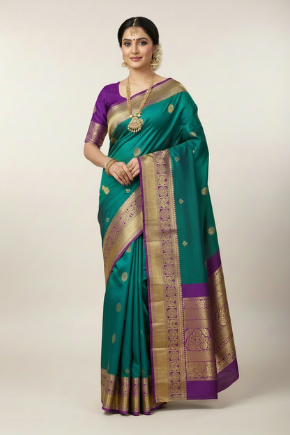 Peacock Green Color Vegan Silk saree with Pink Colour with Annam and Chakaram Design border