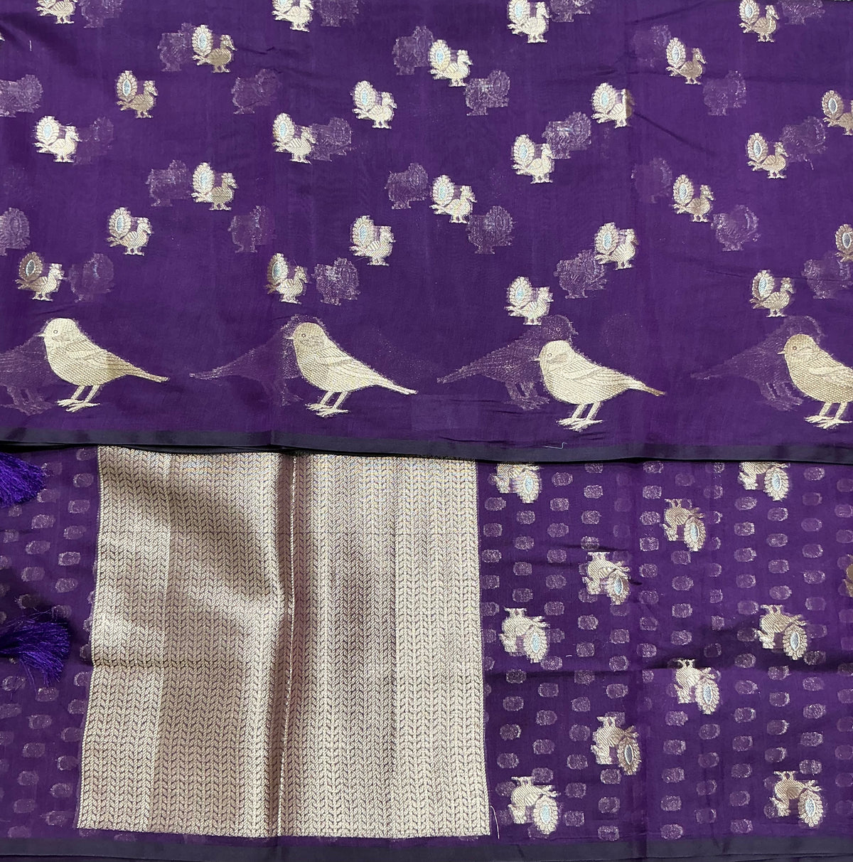 Silk Cotton Saree Violet Colour with Peacock and Sparrow Butta