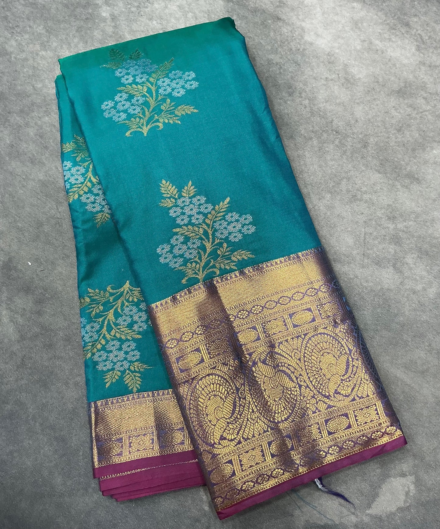 Sapphire Color Vegan Silk saree with silver meenakari floral butta