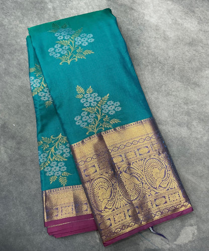 Sapphire Color Vegan Silk saree with silver meenakari floral butta