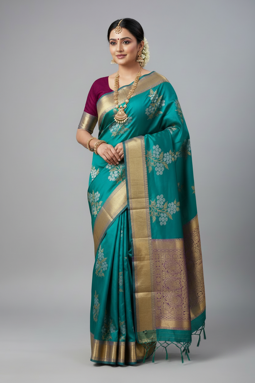 Sapphire Color Vegan Silk saree with silver meenakari floral butta