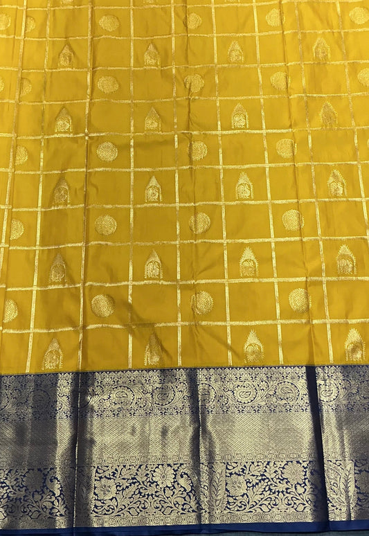 Yellow Vegan Silk saree with Contrast Navy Blue Color border