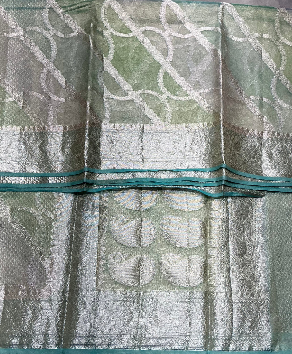 Katan Tissue Semi Silk Saree Sea Green Colour with Silver Zari Border