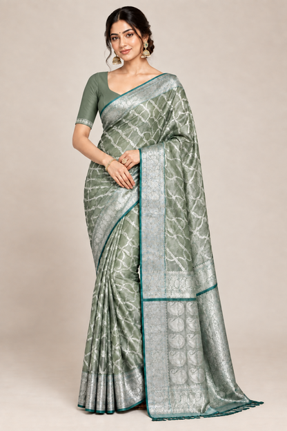 Katan Tissue Semi Silk Saree Sea Green Colour with Silver Zari Border