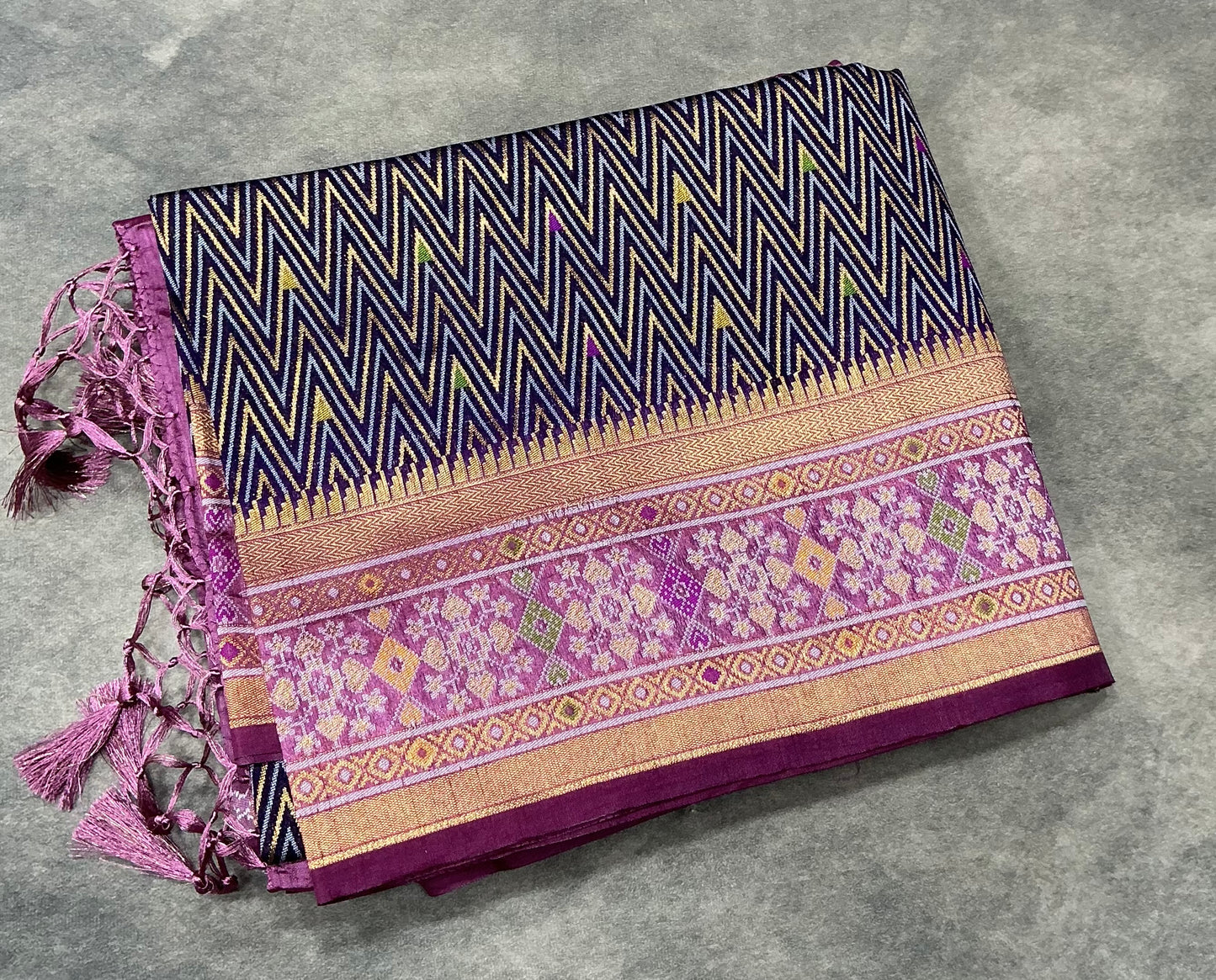 Indigo Navy Ikat Vegan Silk saree with Contrast Lavender purple Color border