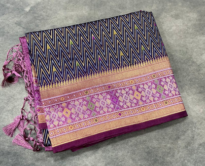 Indigo Navy Ikat Vegan Silk saree with Contrast Lavender purple Color border