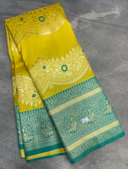 Yellow Colour Satin Saree with Green Colour Ikat Border