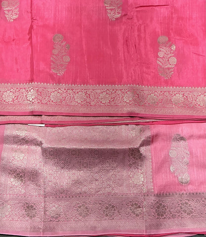 Semi Banarasi Saree Pink Color with Silver Zari Design Border