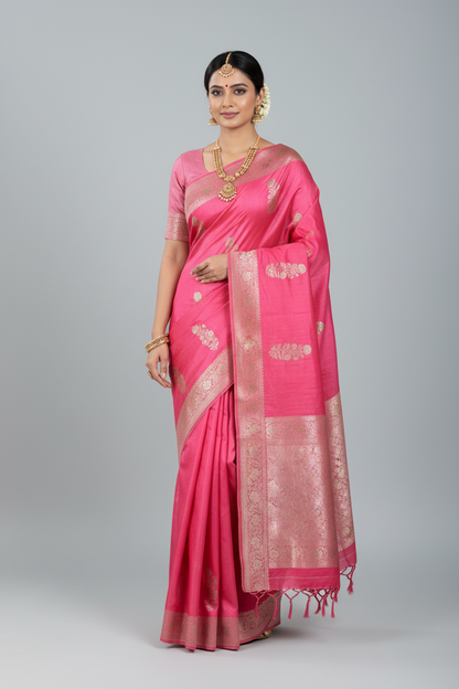 Semi Banarasi Saree Pink Color with Silver Zari Design Border