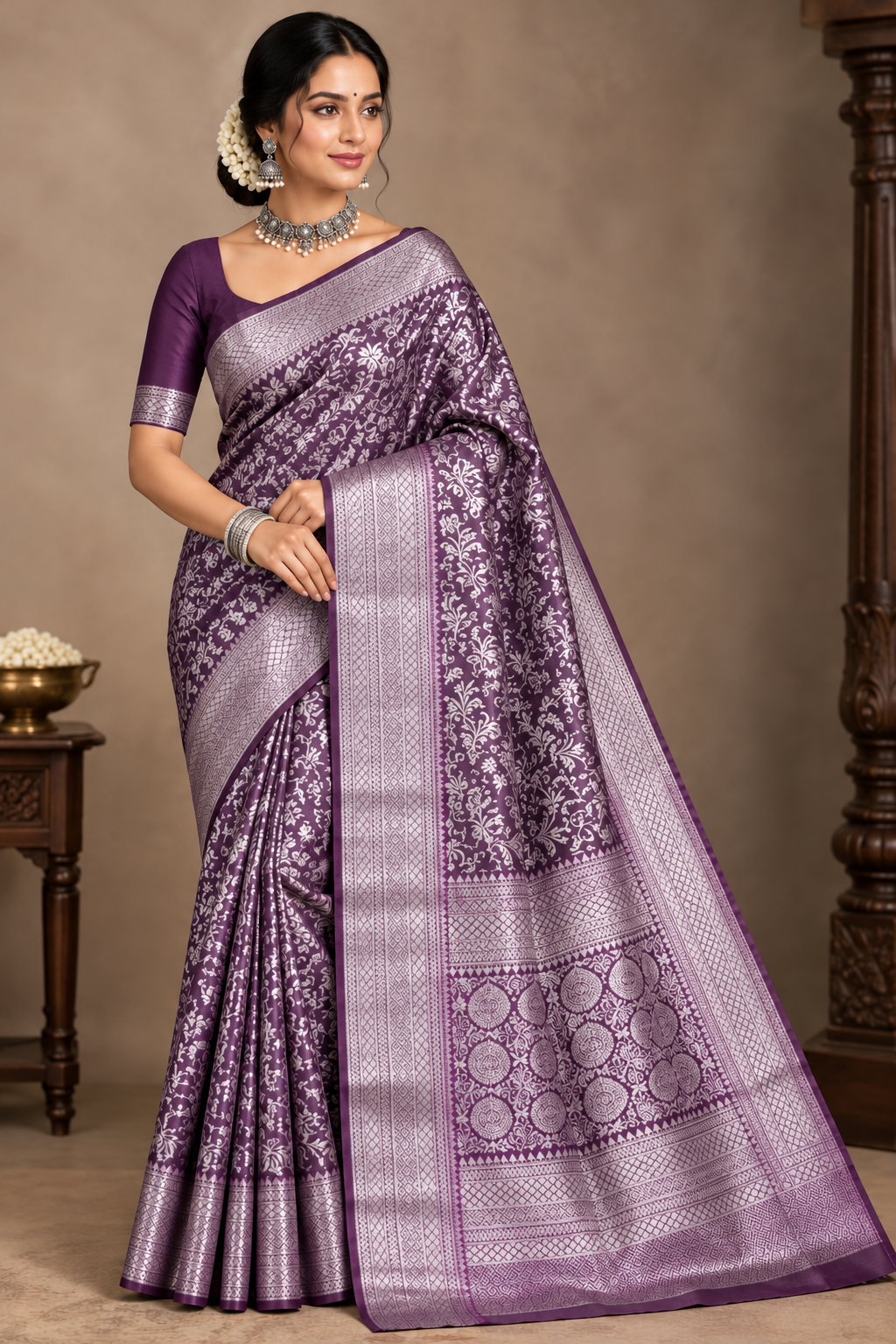 Purple Colour Semi Silk Saree with Black Meenakari Work