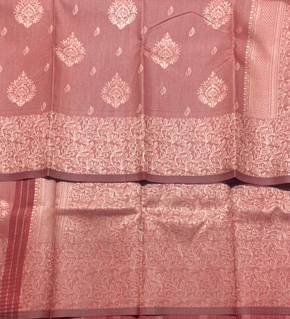 Dusty Rose Pink Colour Semi Jute Silk Saree with Silver Zari Border