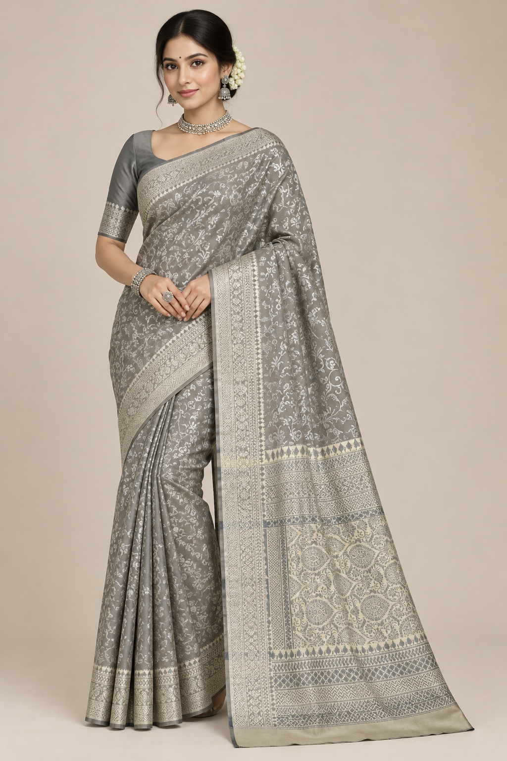 Semi Silk Saree – Greyish Green with Black Meenakari Work