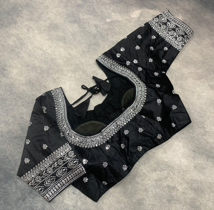 Ready-to-Wear Embroidered Silk Blouse - Black (Golden Embroidery)