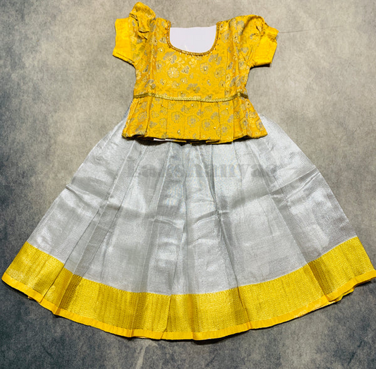 Ready To Wear Pavadai Silver Color with Yellow Color Blouse