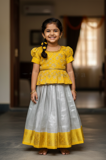 Ready To Wear Pavadai Silver Color with Yellow Color Blouse