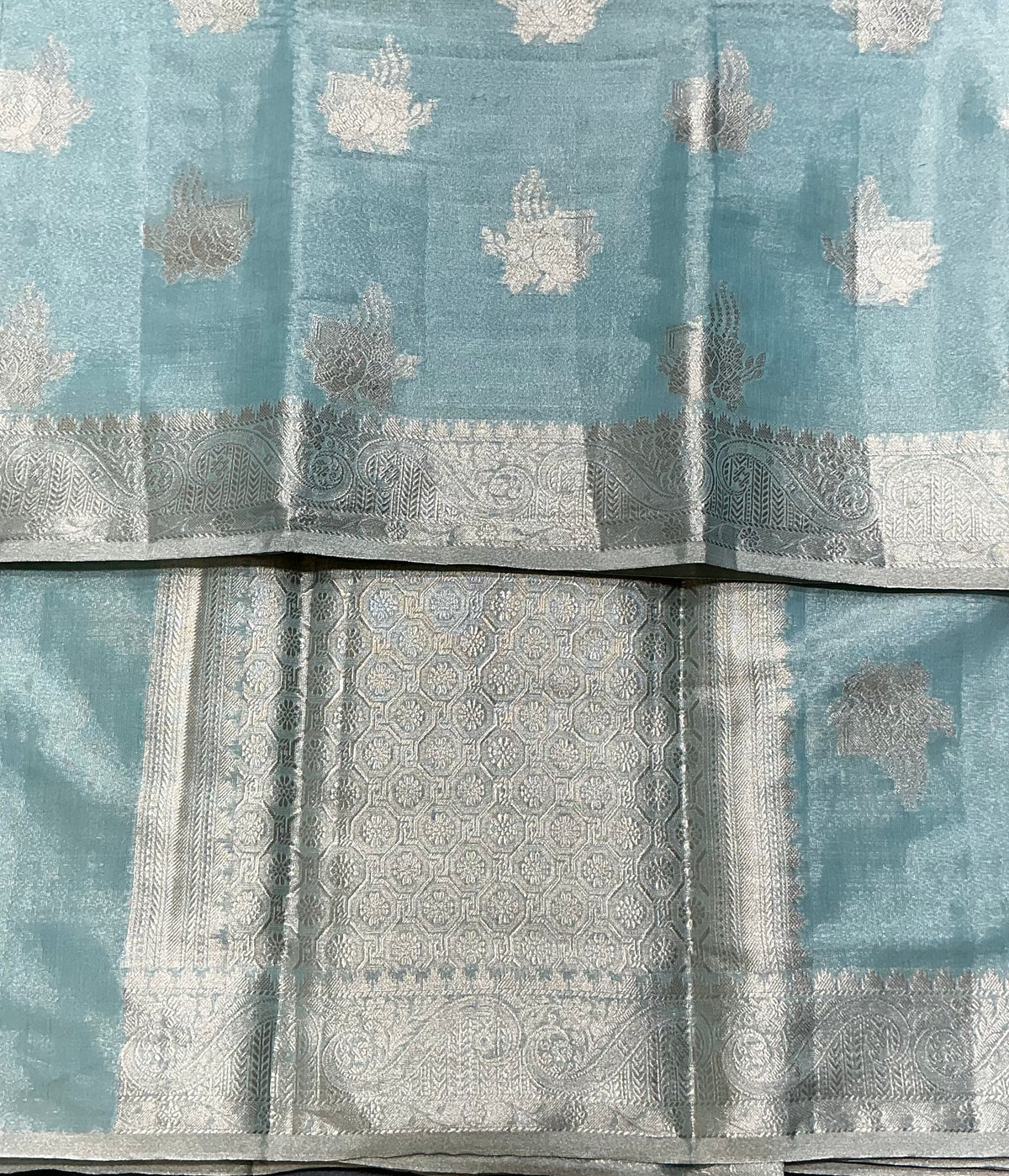 Katan Silk Saree Sky Blue Colour with Silver Zari Border