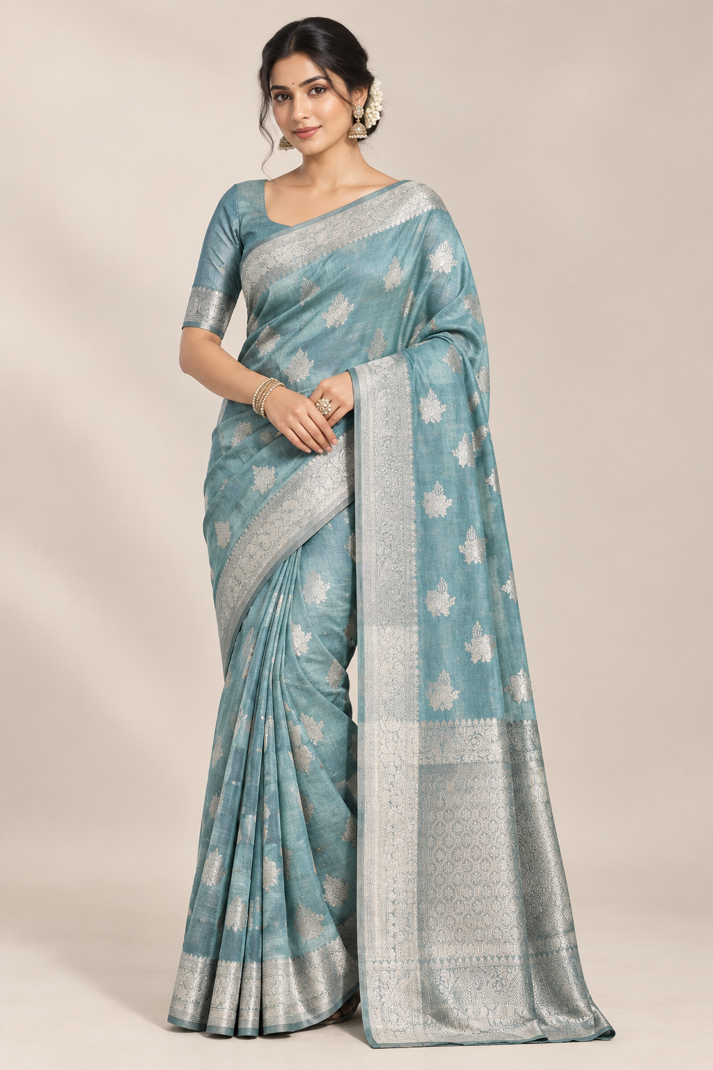 Katan Silk Saree Sky Blue Colour with Silver Zari Border