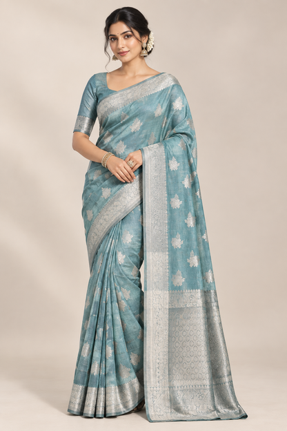 Katan Silk Saree Sky Blue Colour with Silver Zari Border