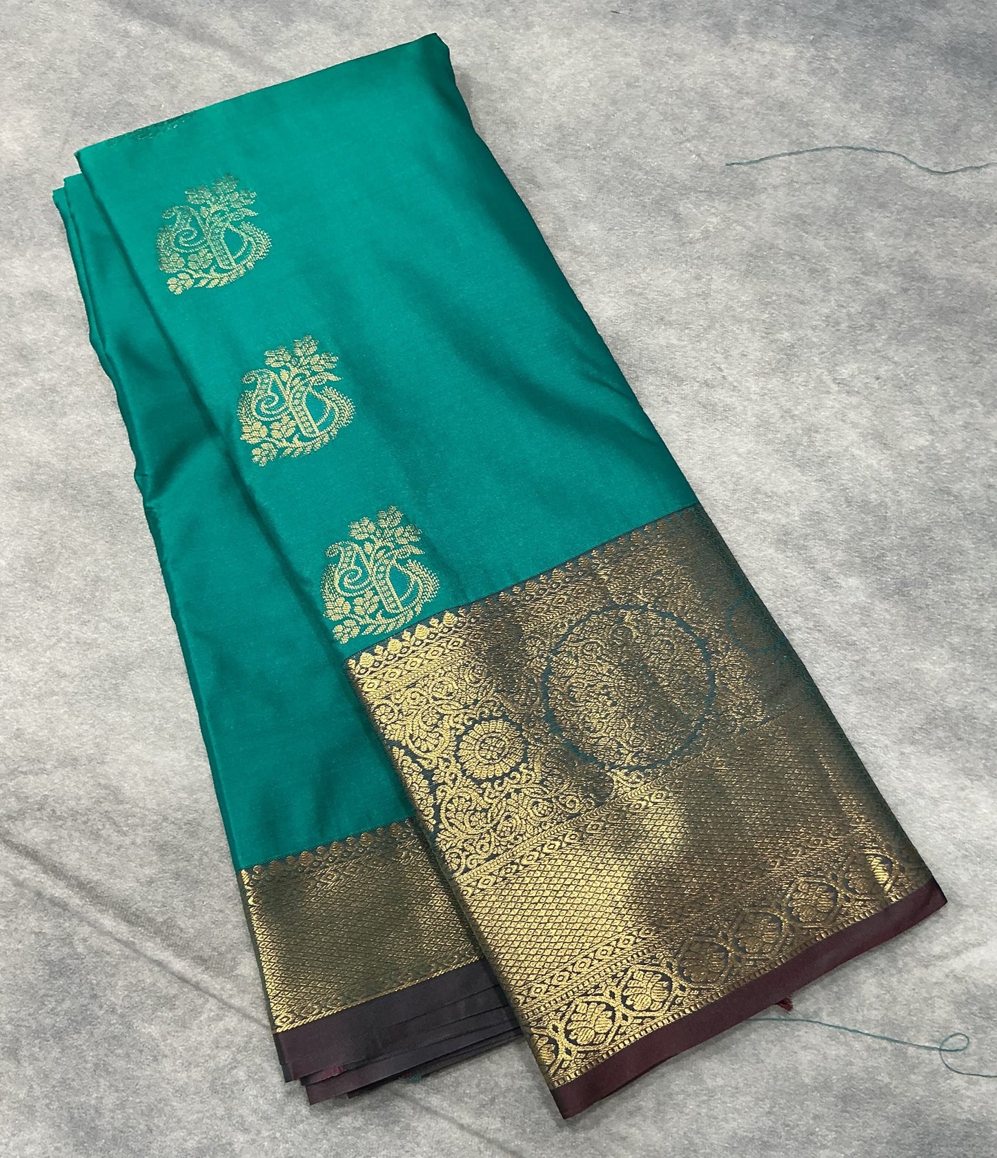 Rama Green Color Vegan Silk saree with Brown border