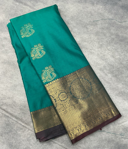 Rama Green Color Vegan Silk saree with Brown border