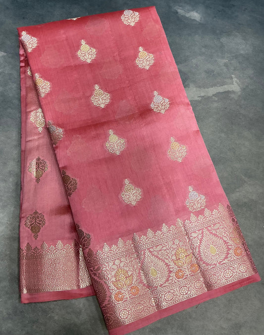 Semi Tussar Silk Saree Peach Pink Colour with Silver Zari Border