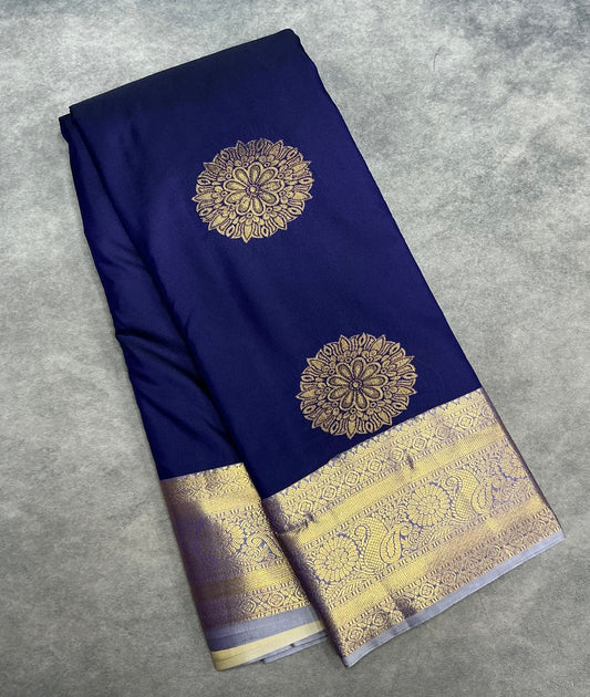 Navy Vegan Silk saree with contrast Ivory border