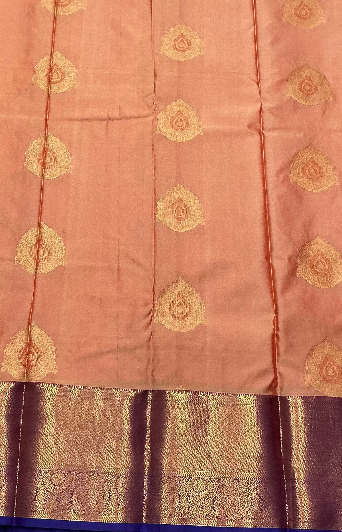 Peach Color Vegan Silk saree with Blue Colour with Floral Design border
