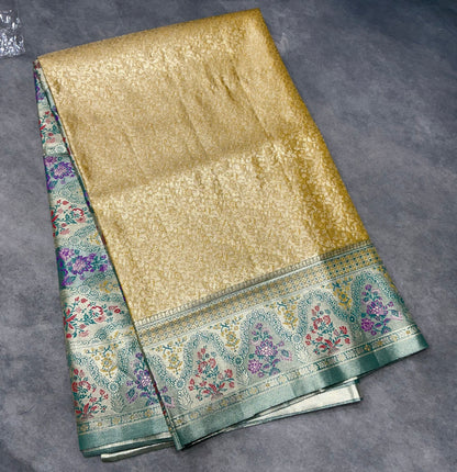 Gold Yellow Tissue Artificial Silk Saree with Meenakari work pallu