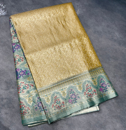 Gold Yellow Tissue Artificial Silk Saree with Meenakari work pallu
