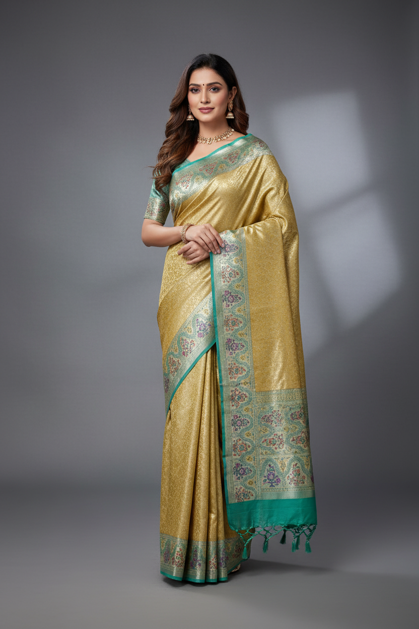 Gold Yellow Tissue Artificial Silk Saree with Meenakari work pallu