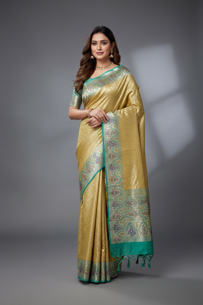 Gold Yellow Tissue Artificial Silk Saree with Meenakari work pallu