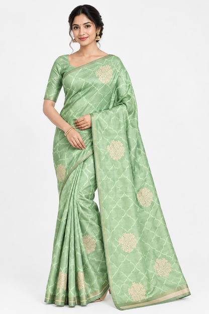 Pista Green Colour Jute Silk Saree with Flower Butta, Borderless
