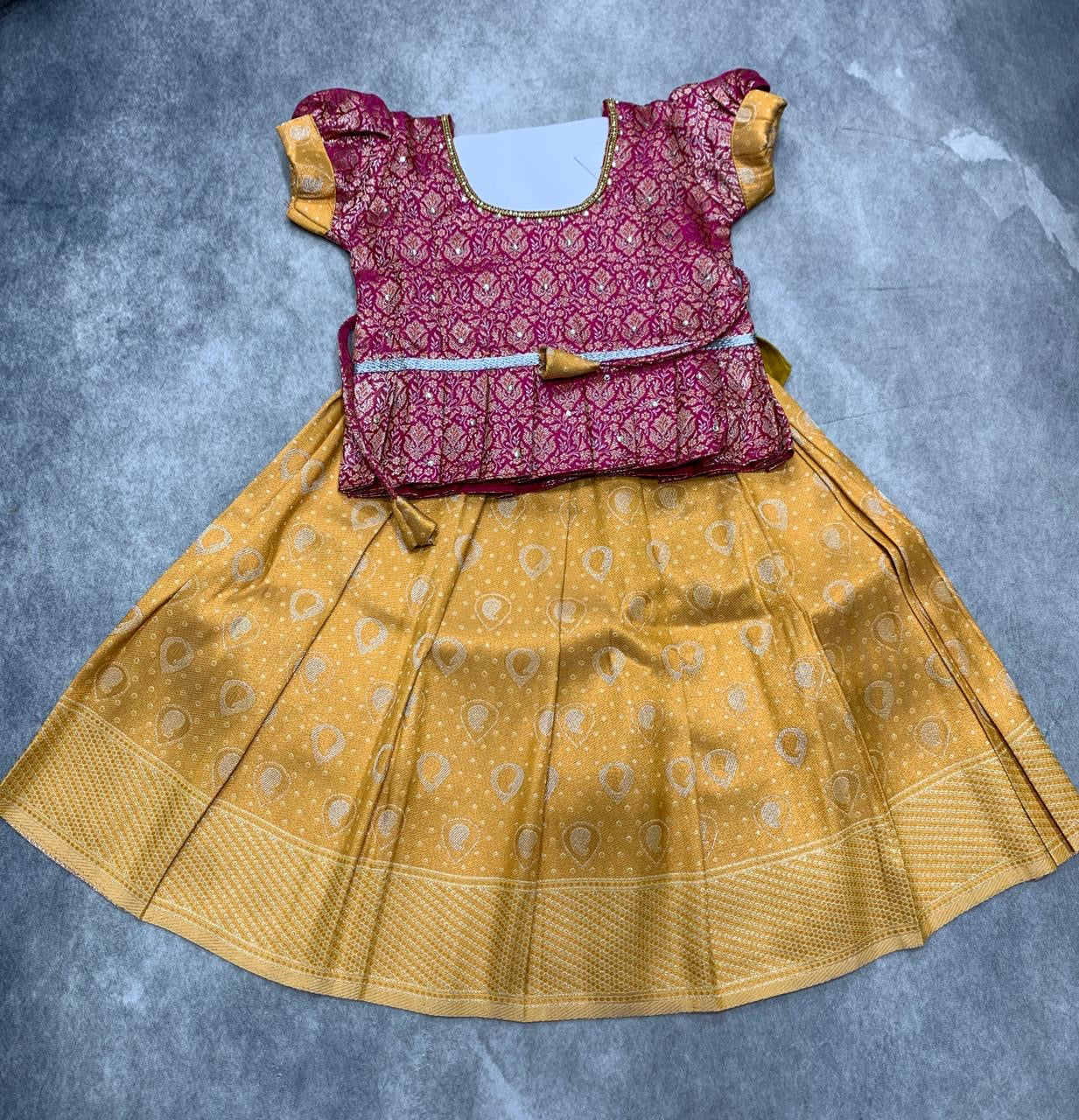 Ready To Wear Yellow Colour Pavadai with Contrast Red Colour Blouse.
