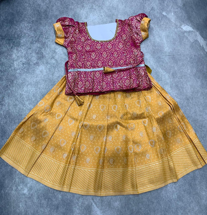 Ready To Wear Yellow Colour Pavadai with Contrast Red Colour Blouse.